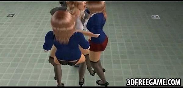  Three sexy schoolgirls in the 3D showers use strapons